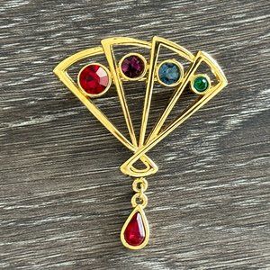 Lia Gorgeous Vintage Colorful Rhinestone Fan Brooch Gold Tone